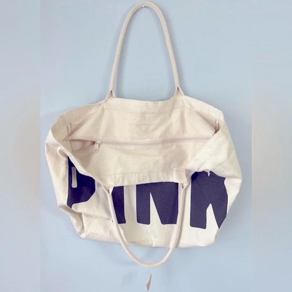 NWT PINK Victoria’s Secret Large Canvas Tote Duffel Bag Cream w/Black print. - Picture 9 of 11